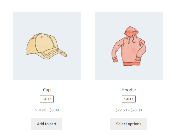 How WooCommerce displays the price tag in a simple product on sale, versus how it does in a variable product on sale. The simple product displays the crossed-out regular price of the item, alongside the sale price. In the variable product, only the sale price is displayed.