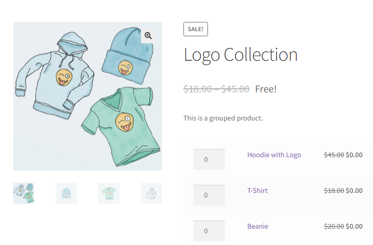 Special case in which when all the children's price in a grouped product are set to zero, WooCommerce displays a "Free!" message. After our modifications, it displays the price before the discount alongside the "Free!" message, if applicable.